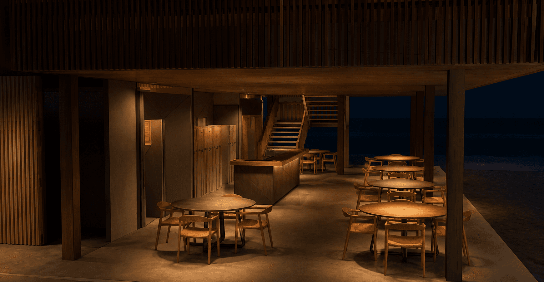 Rez-de-chaussée de la guarderia avec tables et comptoir en bois éclairés séparément