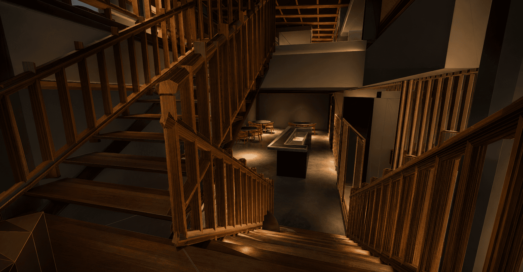 Vue descendante de l'escalier en bois avec balisage chaud des marches