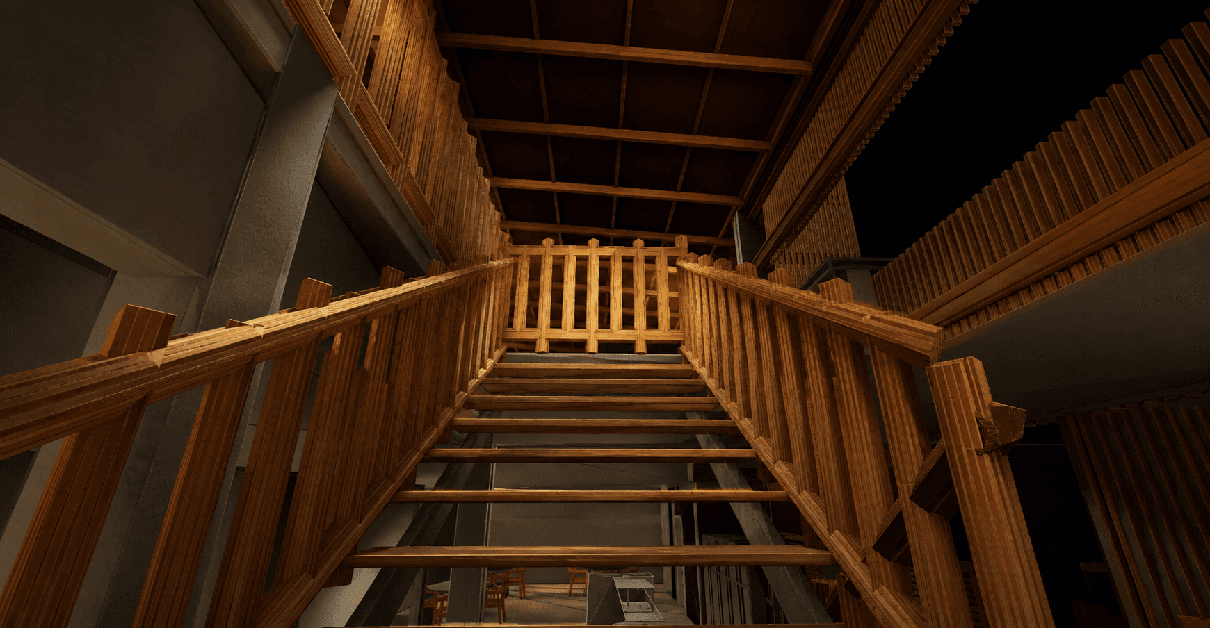 Vue montante de l'escalier en bois éclairé sans ruban lumineux visible
