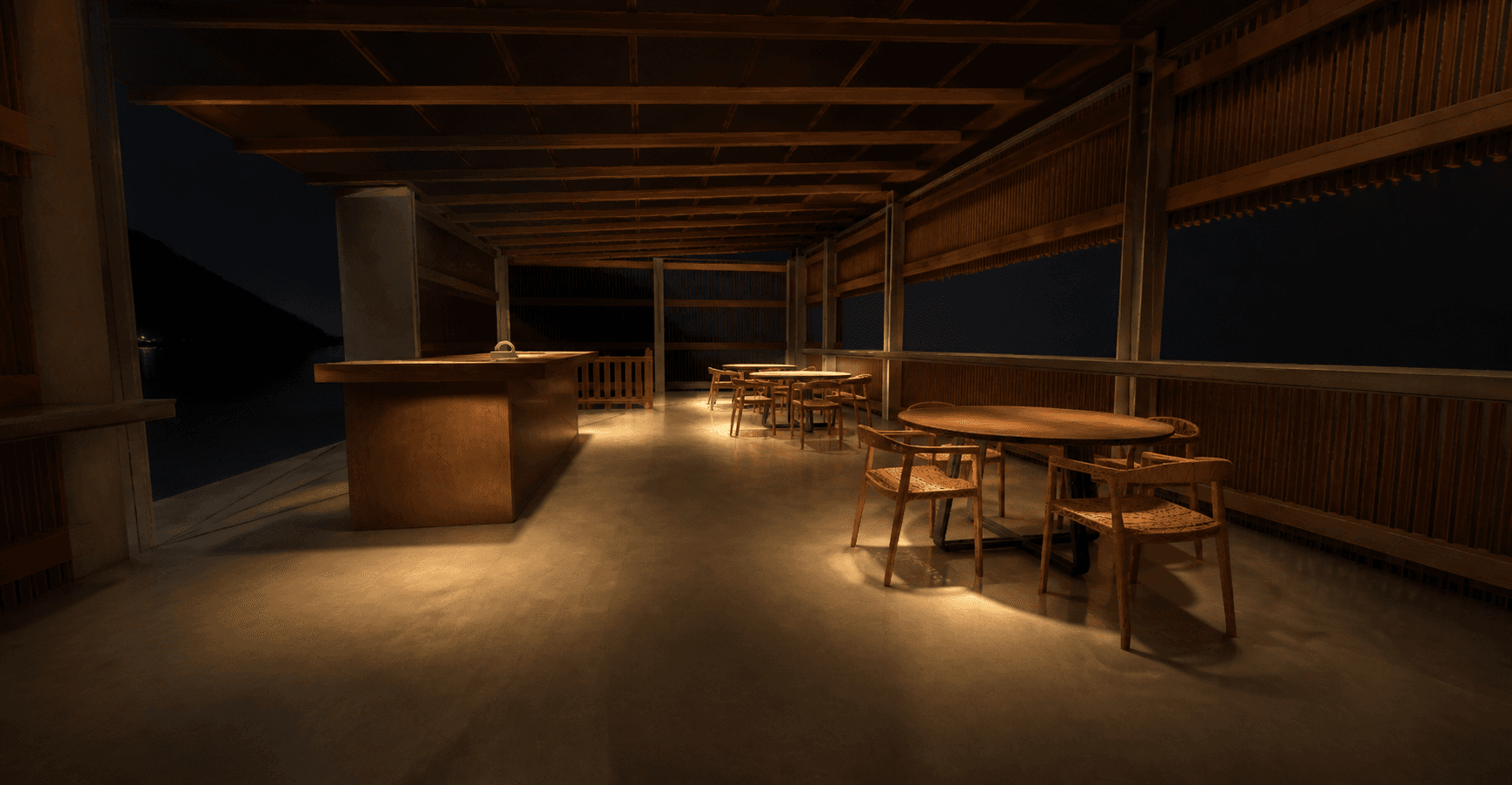 Bar panoramique supérieur en bois sous un éclairage chaud et contrôlé
