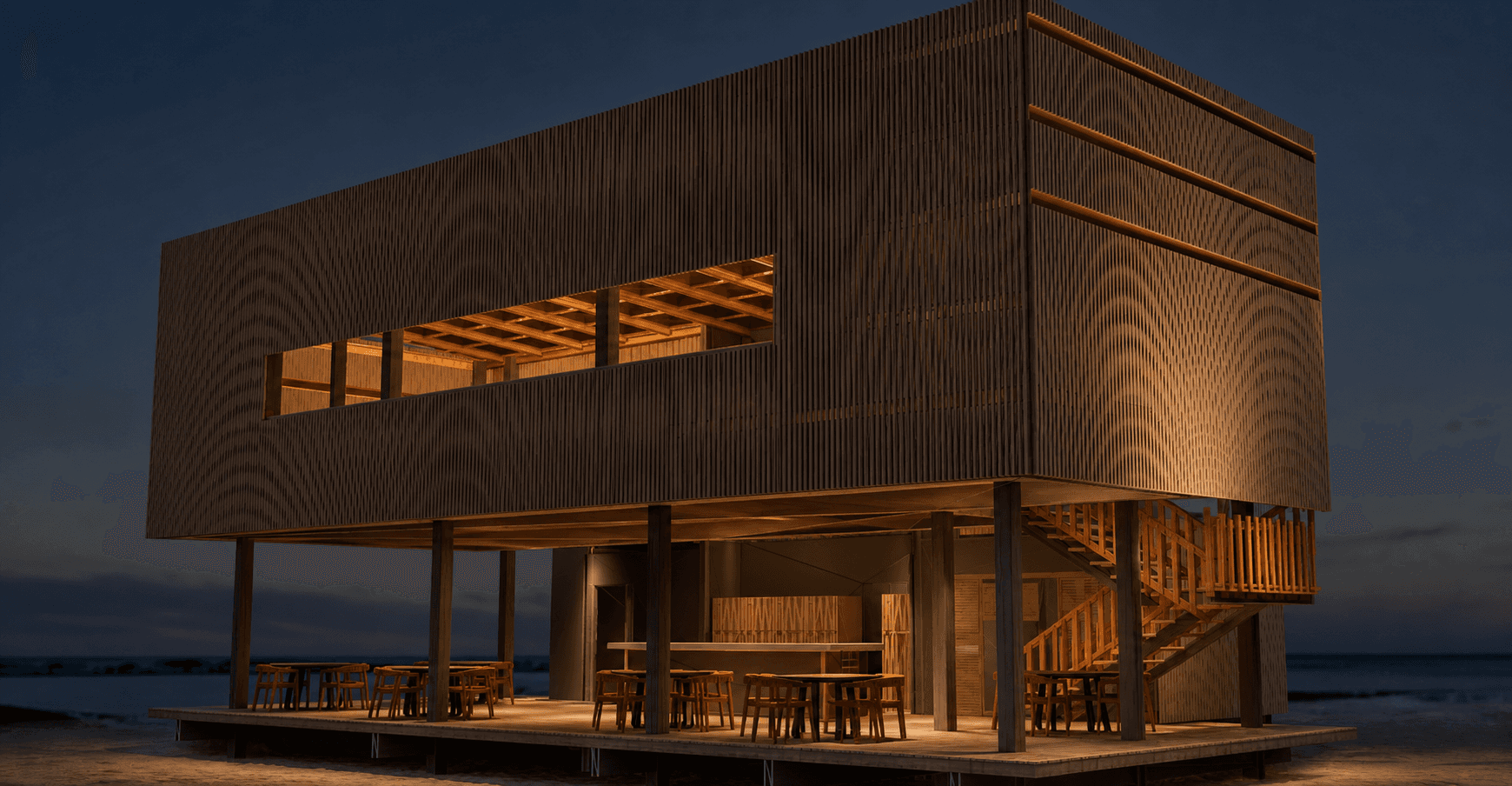 Vue nocturne droite du Beach Club avec lumière chaude sous le volume supérieur en bois