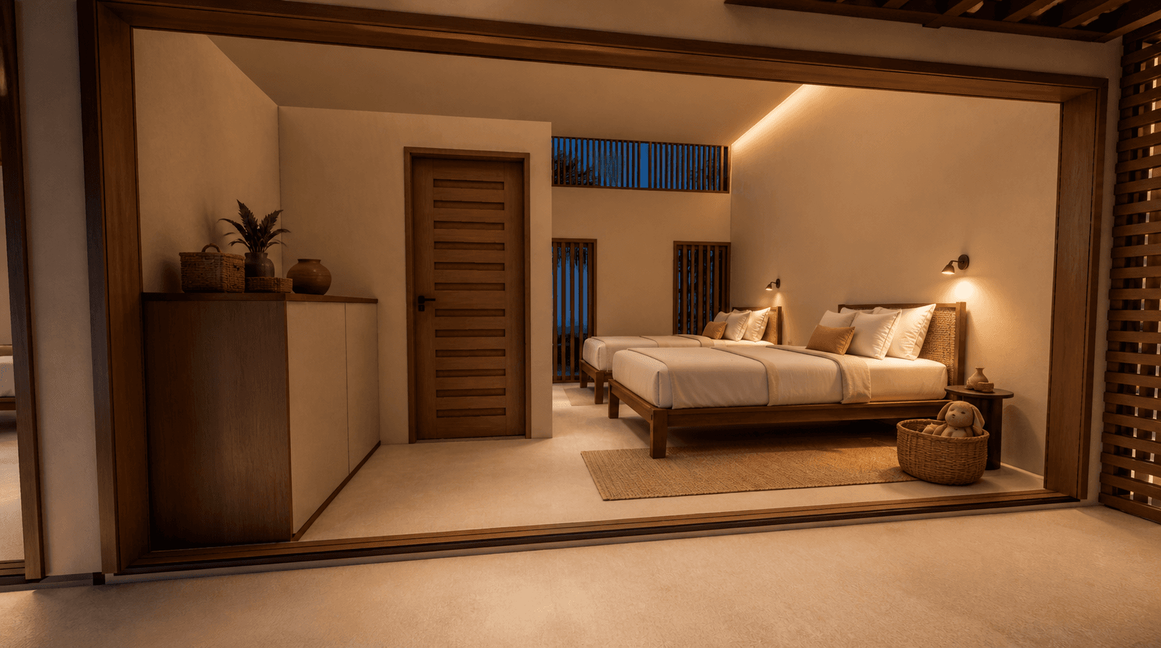 Chambre enfants avec deux lits, liseuses individuelles et textiles naturels