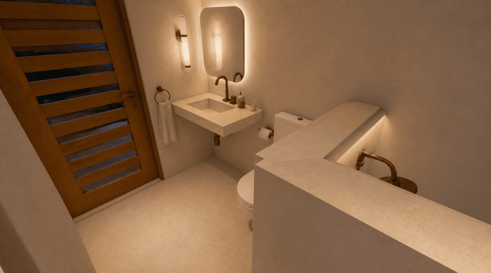 Salle d'eau enfants avec miroir lumineux, petit lavabo et éclairage chaud