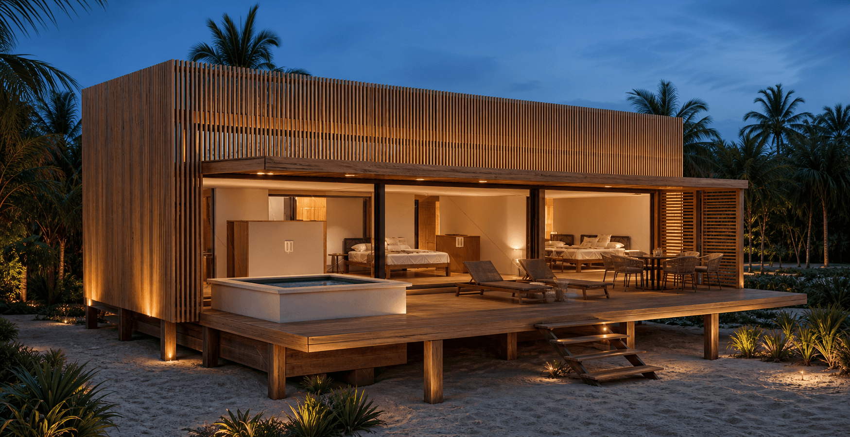 Concept lumière du Bungalow Family Kalpana au crépuscule