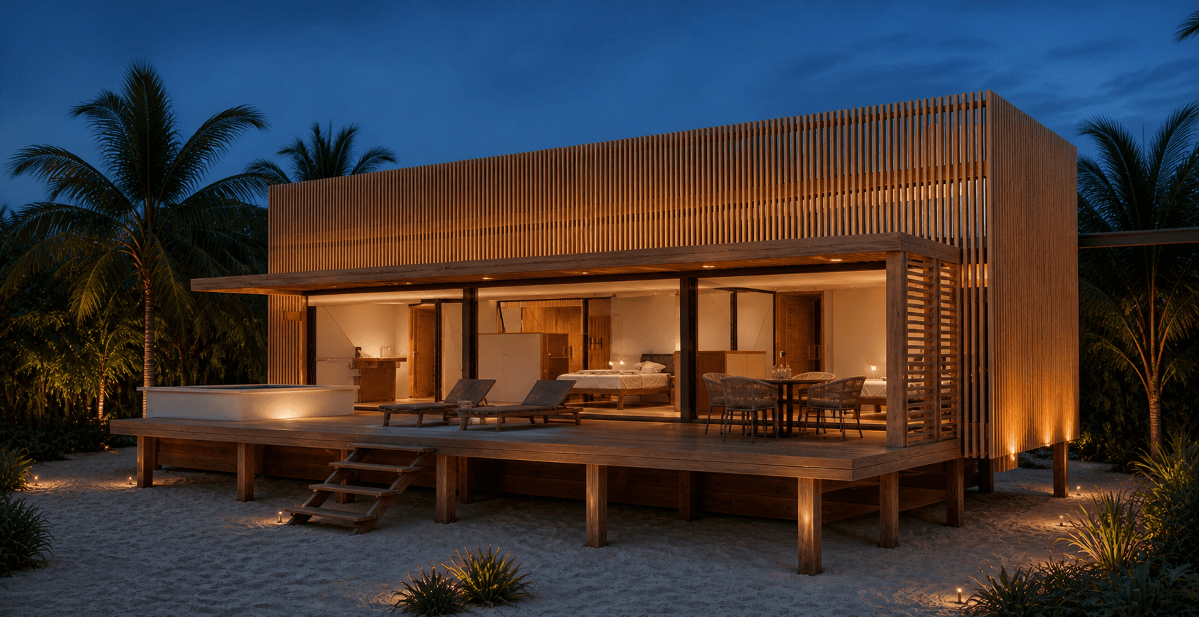 Vue extérieure droite du Bungalow Family au crépuscule avec lumière chaude sous l'auvent
