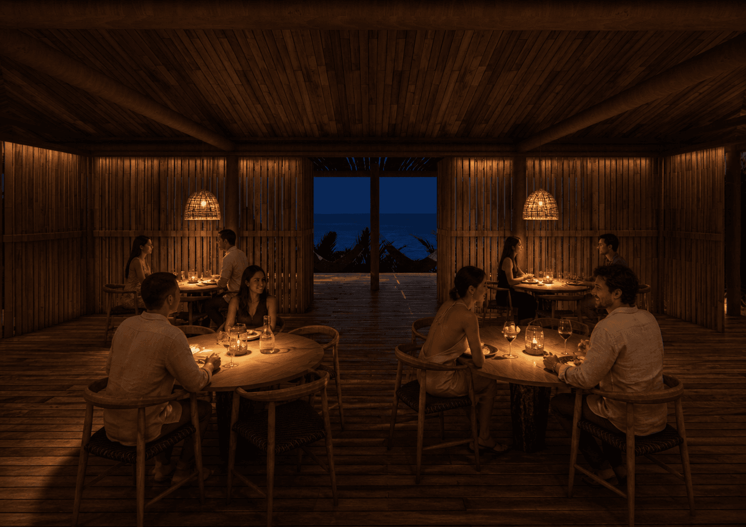 Salle du restaurant éclairée par des faisceaux chauds centrés sur chaque table