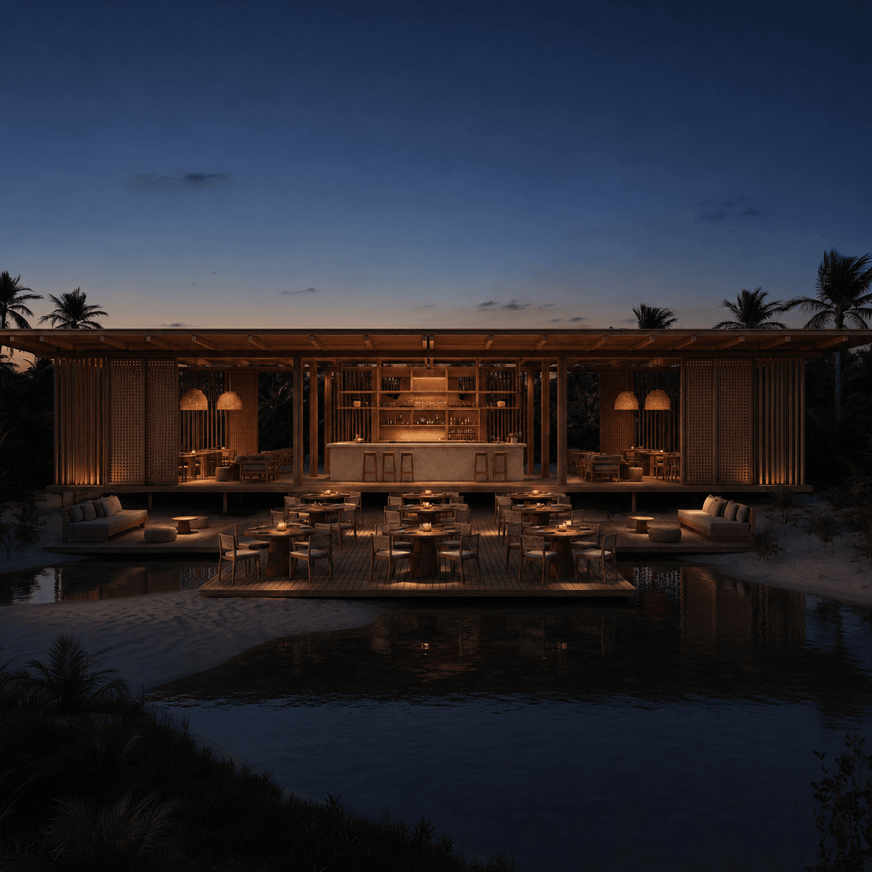 Concept nocturne du restaurant Kalpana avec lumière chaude concentrée sur les tables et le bar