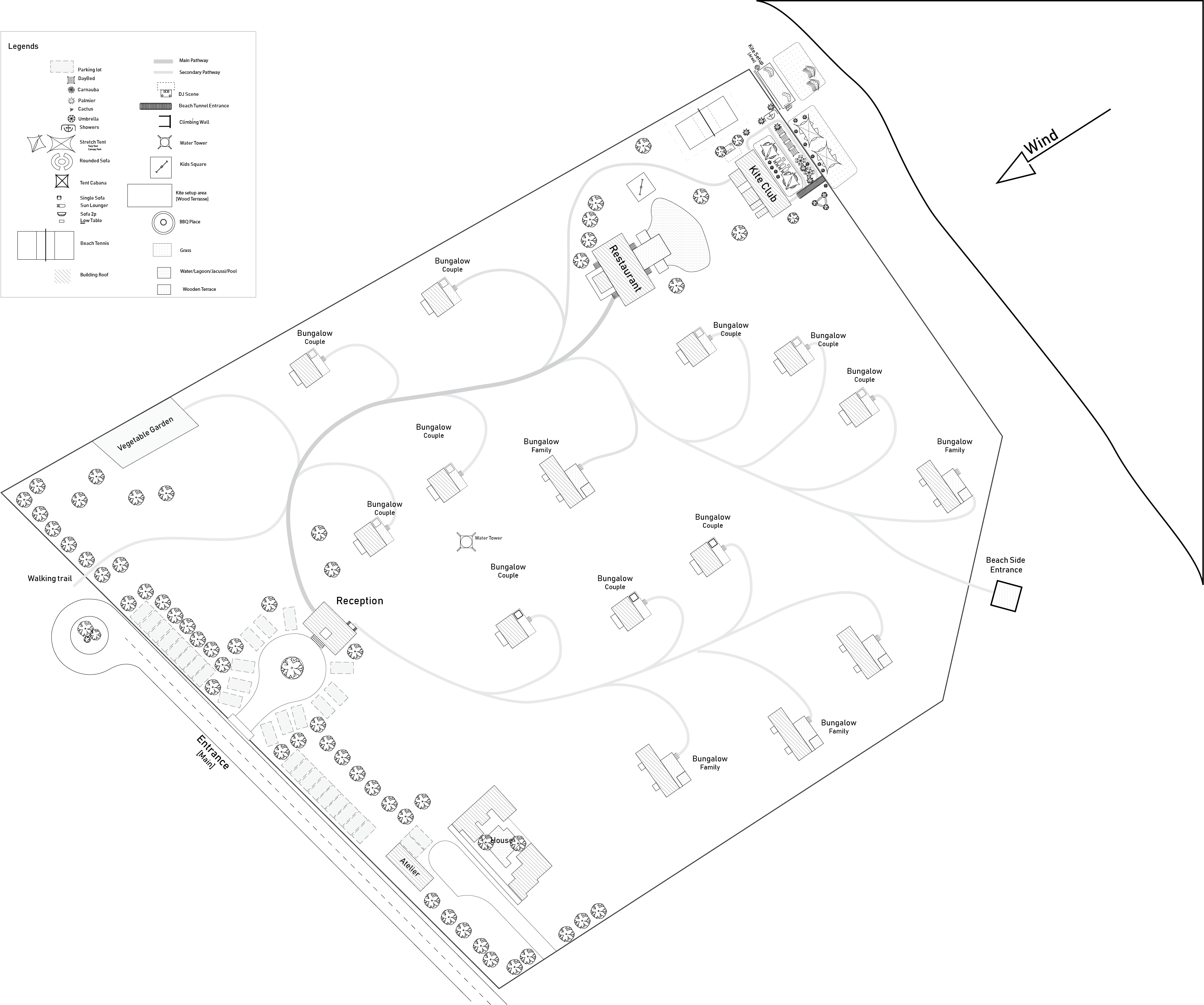Master plan de Kalpana annoté avec cinq zones d’intervention paysagère