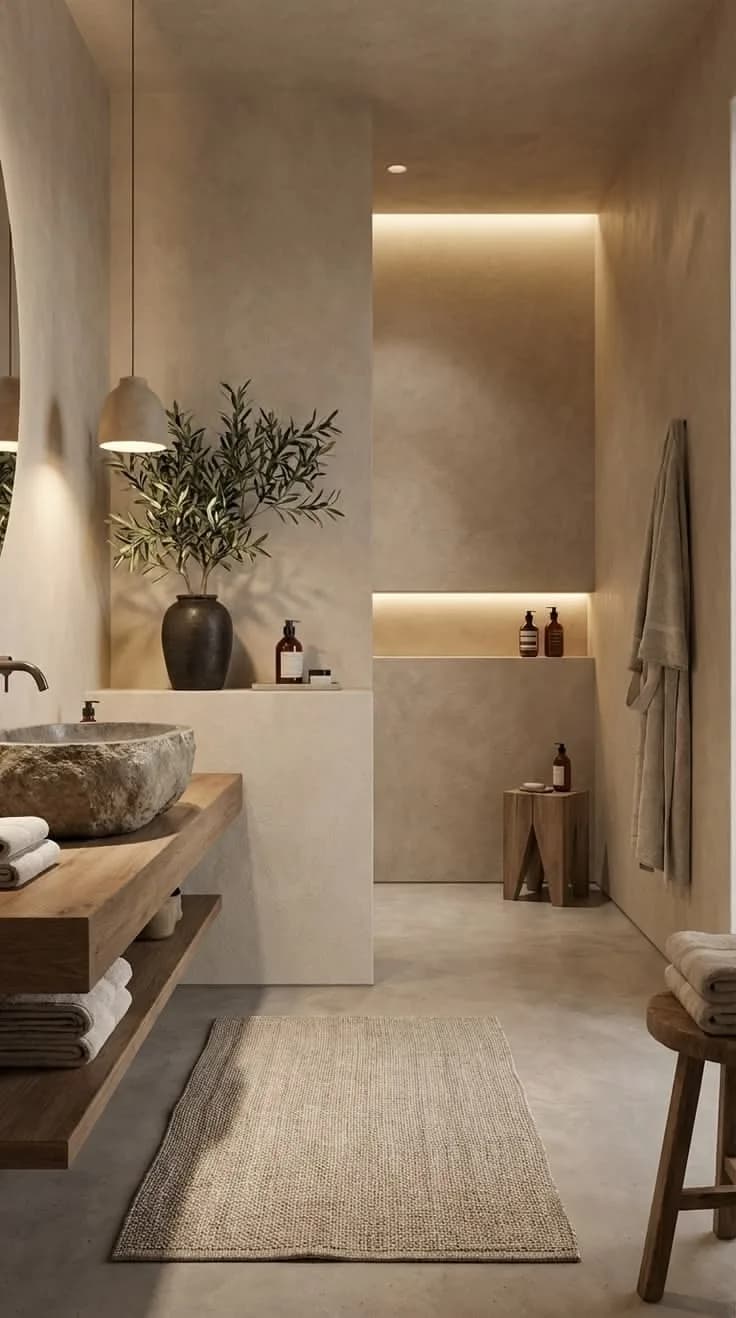 Salle de bain aux murs beige nuagés et sol gris-beige continu