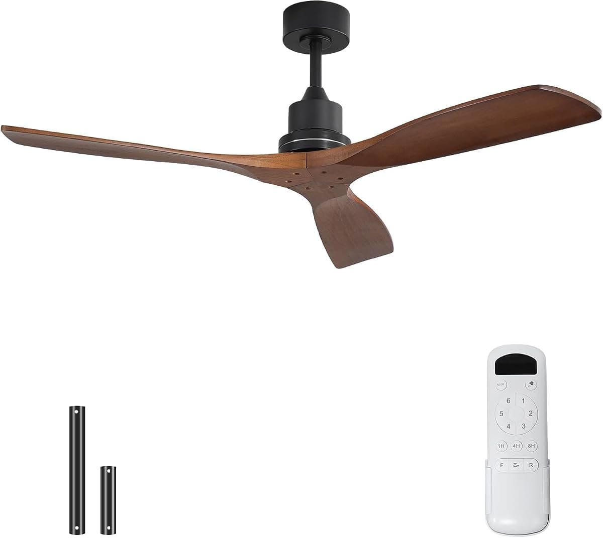Ventilateur de plafond Sofucor noir à trois pales sculptées en bois massif avec télécommande