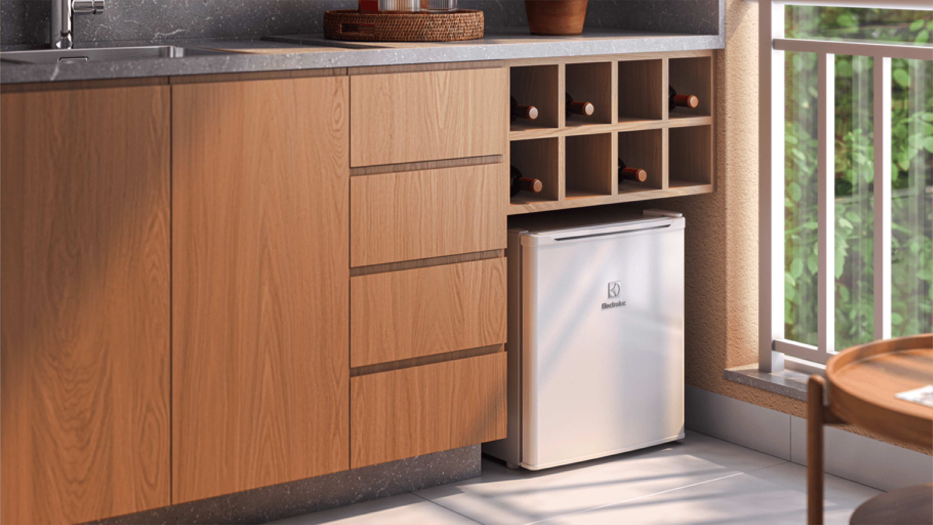 Frigobar Electrolux compact intégré dans un meuble en bois