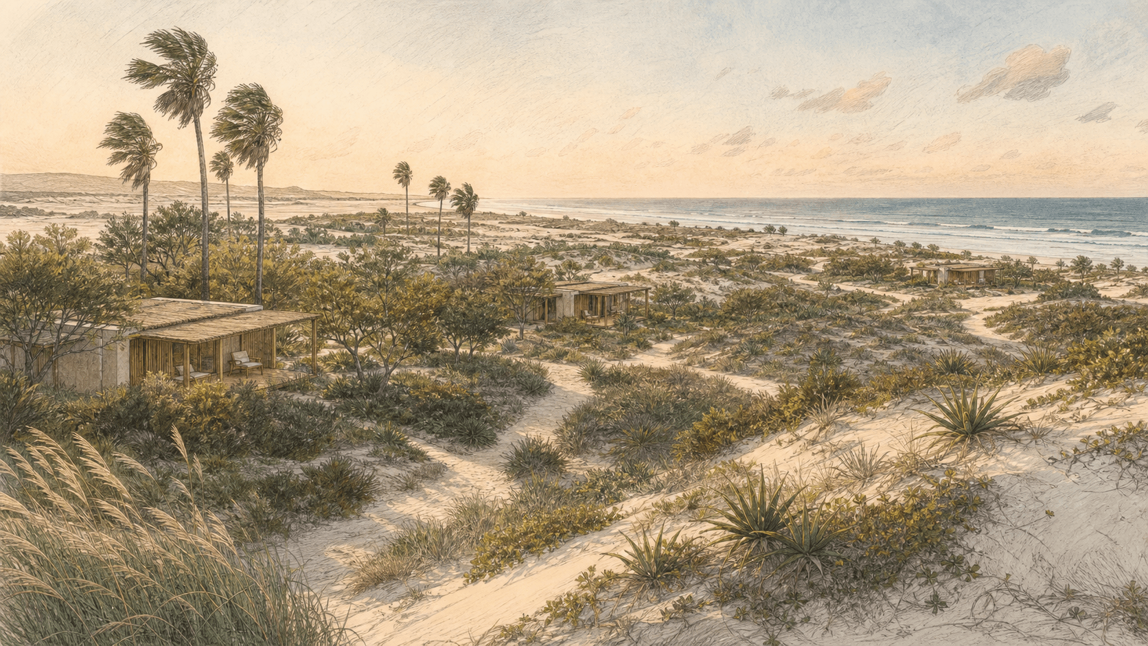 Vue d’ambiance dessinée de clairières habitées dans le paysage de dunes de Kalpana