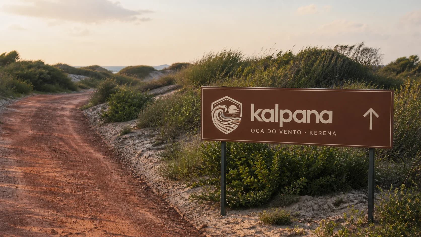 Visualisation photoréaliste du panneau Kalpana en Maré Siena au bord de la piste d’accès littorale