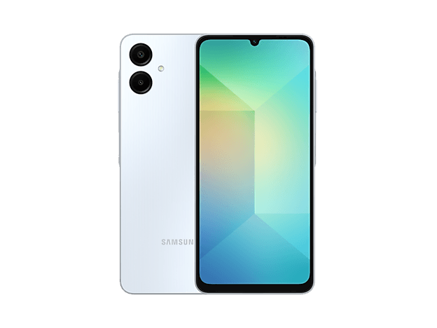 Samsung Galaxy A06 bleu clair vu de face et de dos