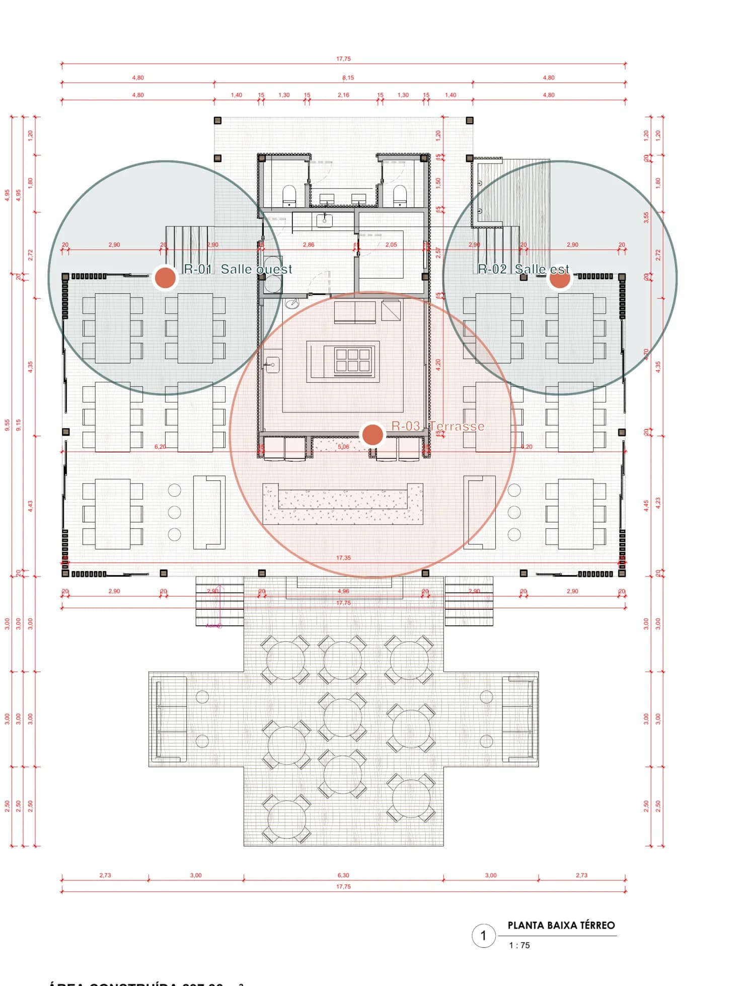 Plan du restaurant annoté avec trois emplacements de points d’accès Wi‑Fi