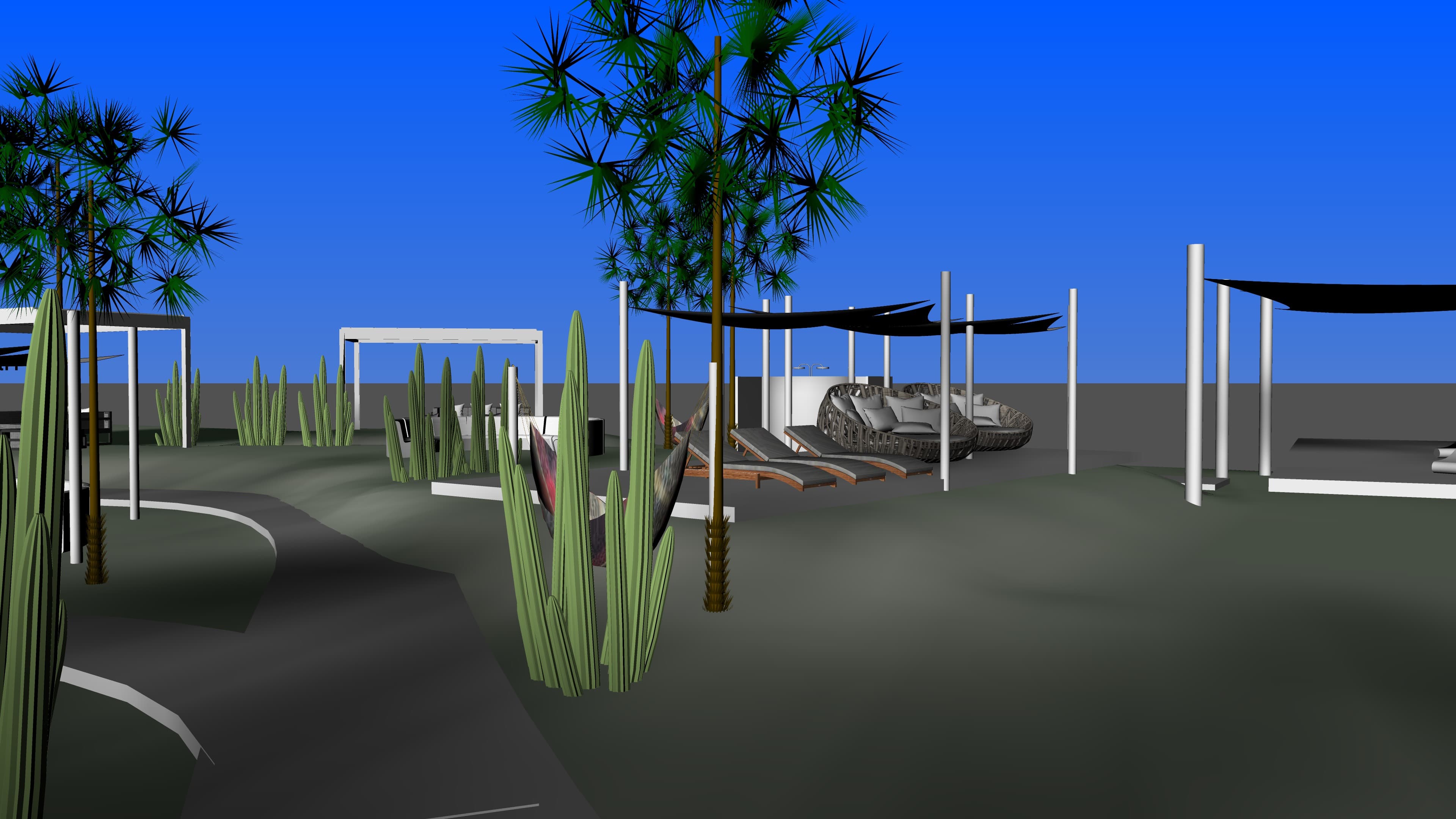 Depuis l’entrée plage vers les lounges