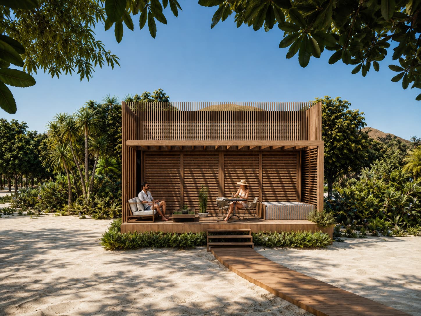 Vue frontale illustrant la terrasse, les persiennes et le bardage du bungalow