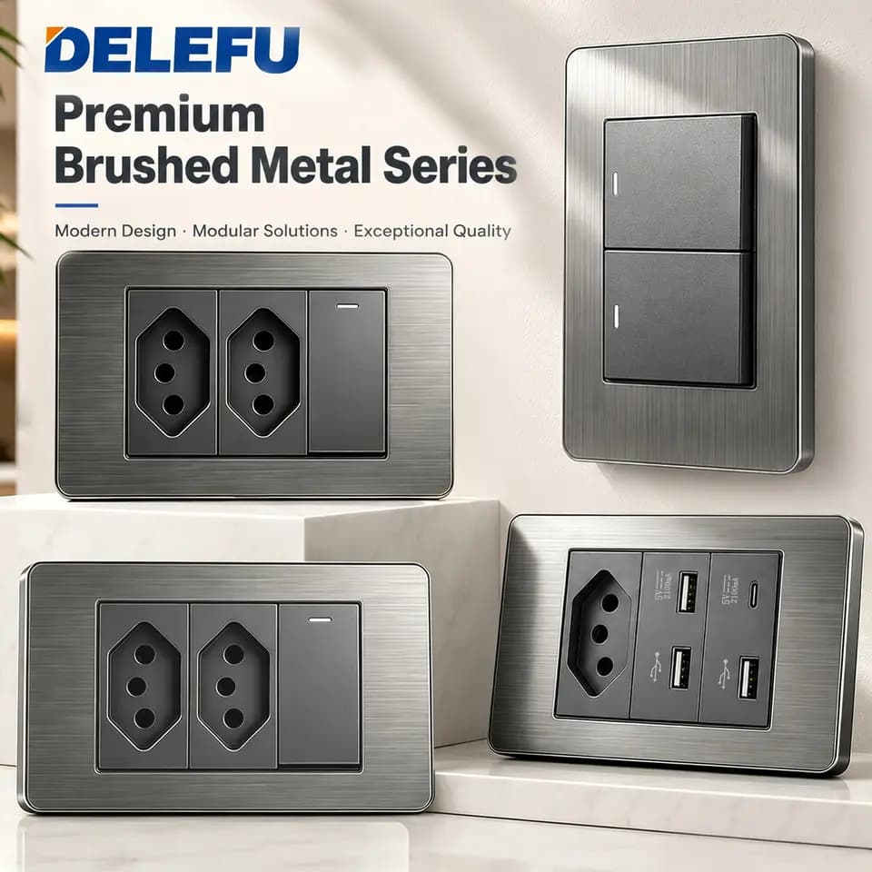 Prises et interrupteurs Delefu série Brushed Metal, panneau inox brossé gris, prises padrão brasileiro et module USB
